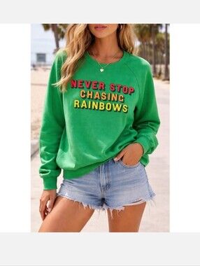 Aviator Nation Green Never Stop Chasing Rainbows Sweatshirt Womens Medium USA